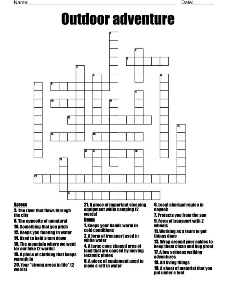 Outdoor Adventure Crossword WordMint