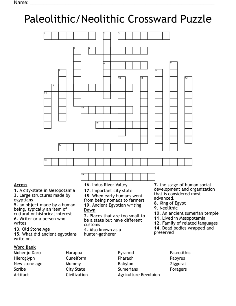 Paleolithic Neolithic Crossward Puzzle Crossword WordMint
