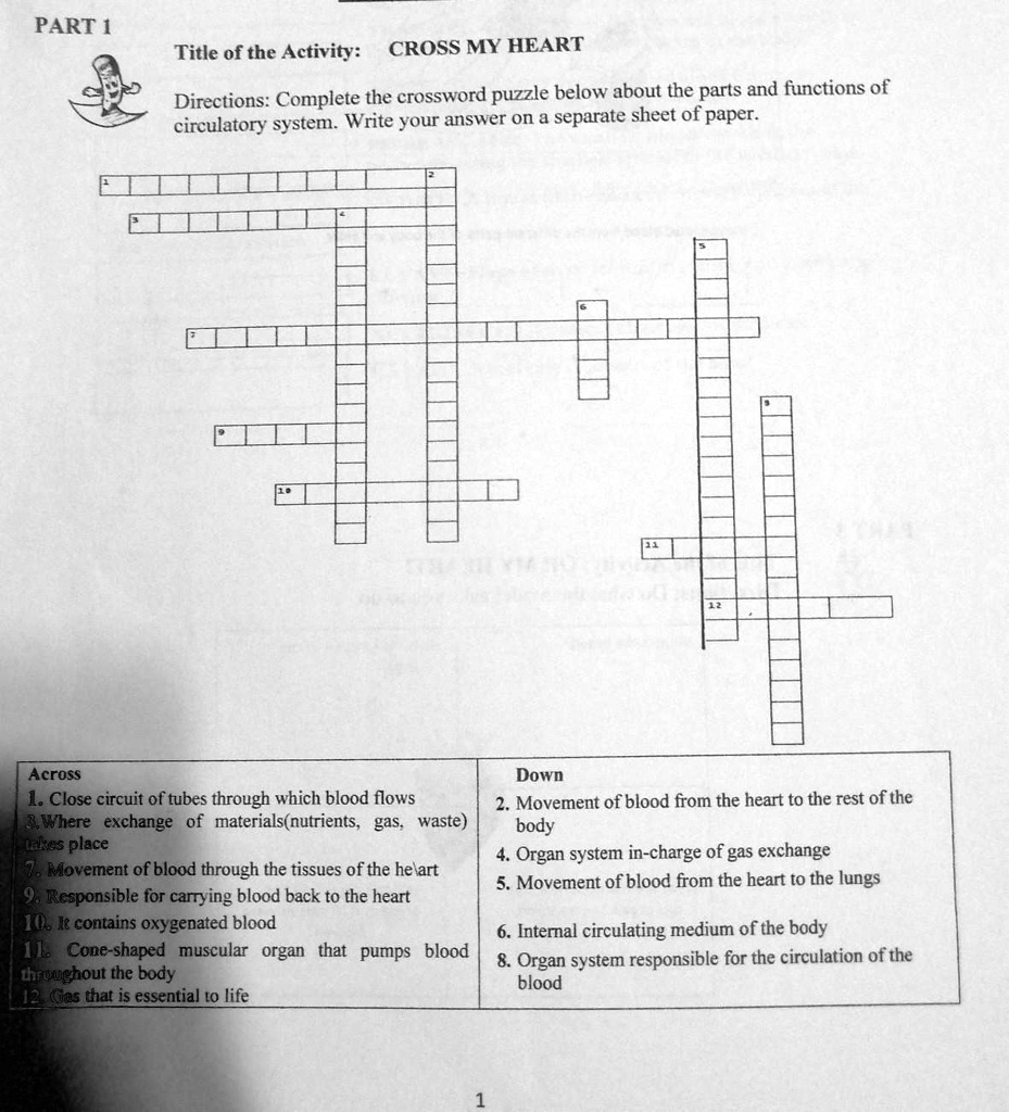 Crossword Puzzle Circulatory System