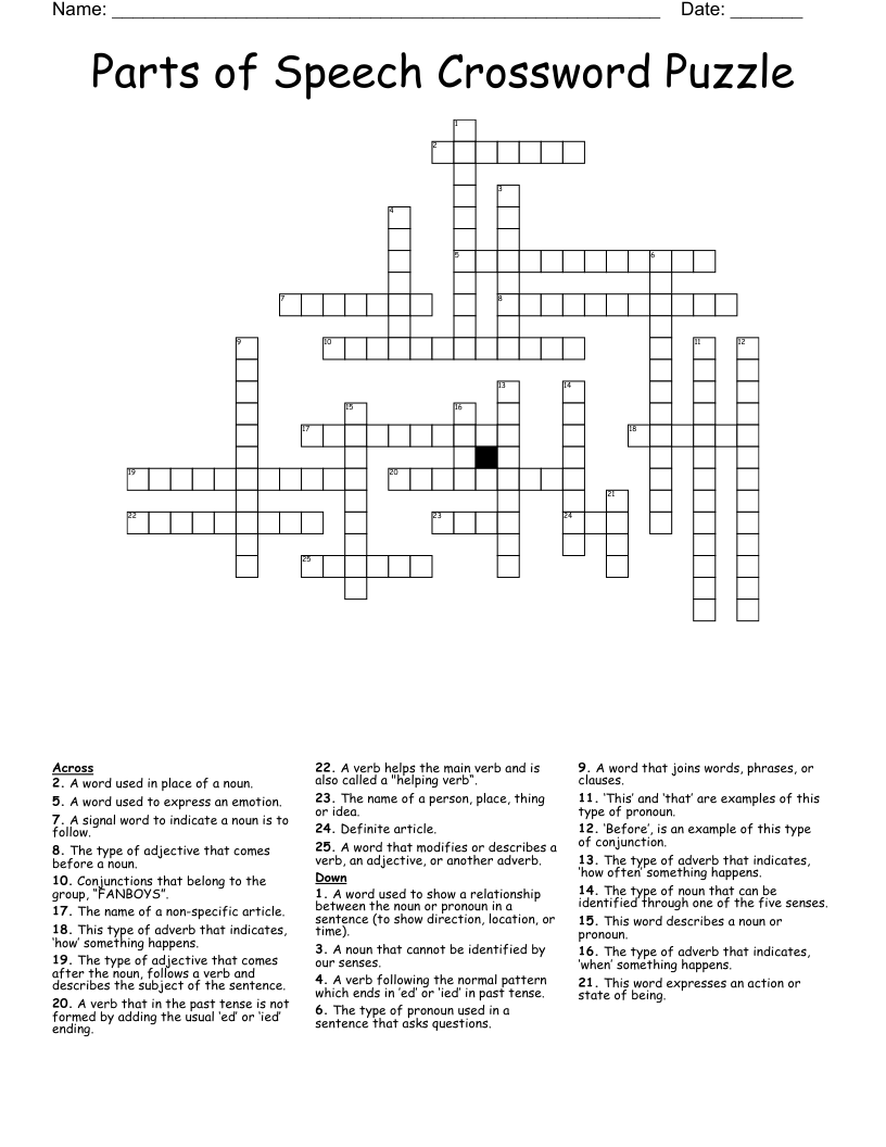 Parts Of Speech Crossword Puzzle WordMint