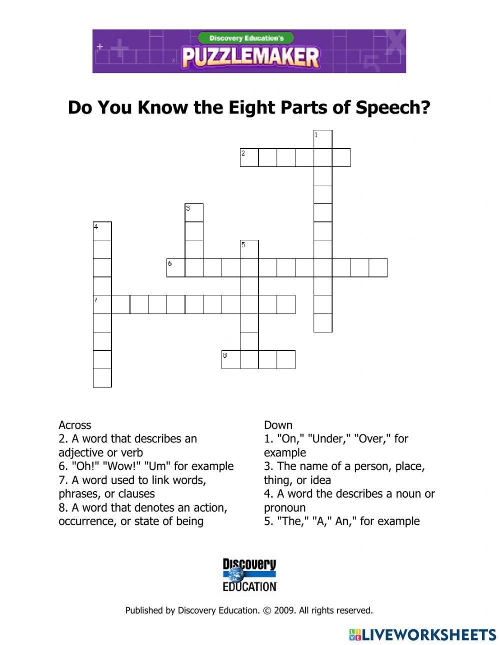 Crossword Puzzle Parts Of Speech