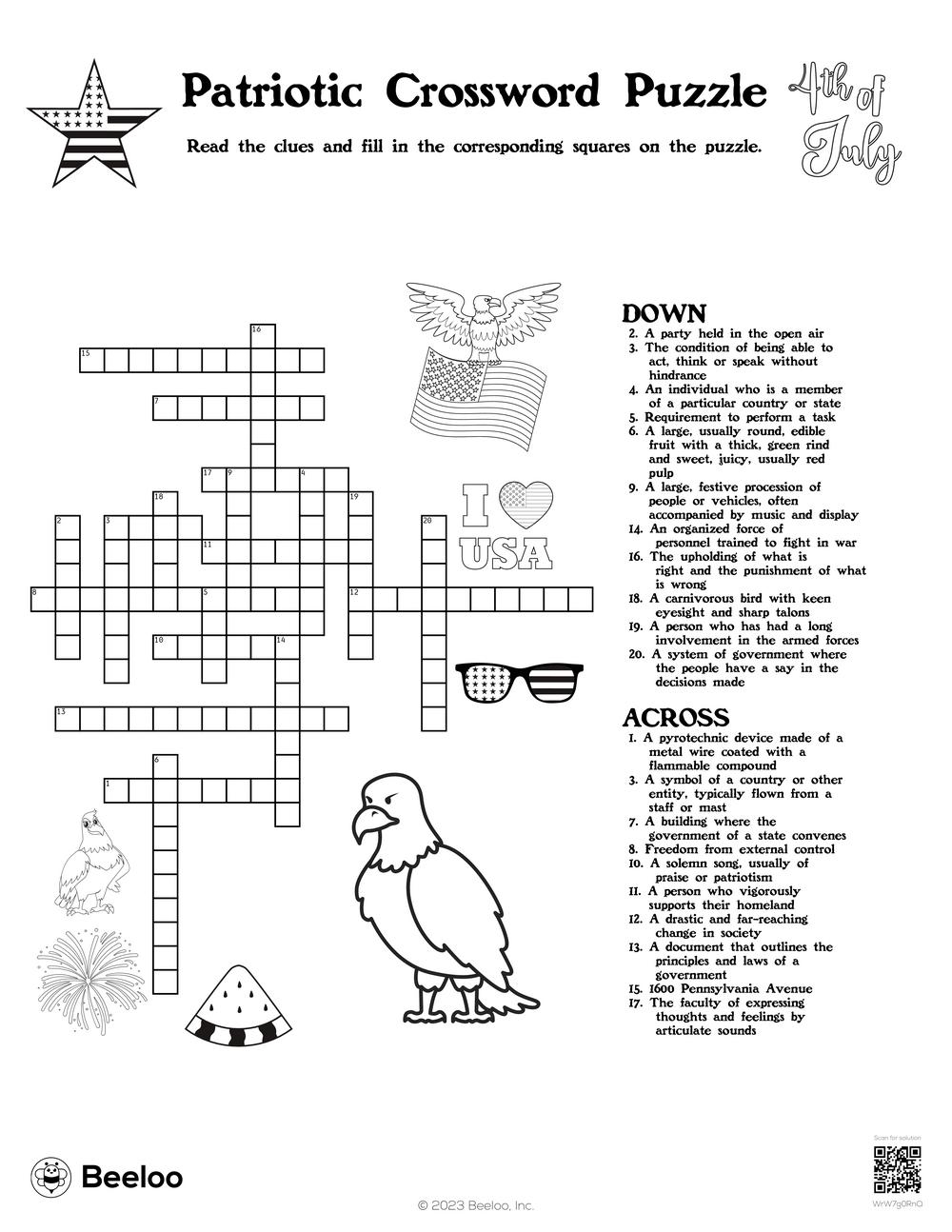 Patriotic Crossword Puzzle Beeloo Printable Crafts And Activities For Kids