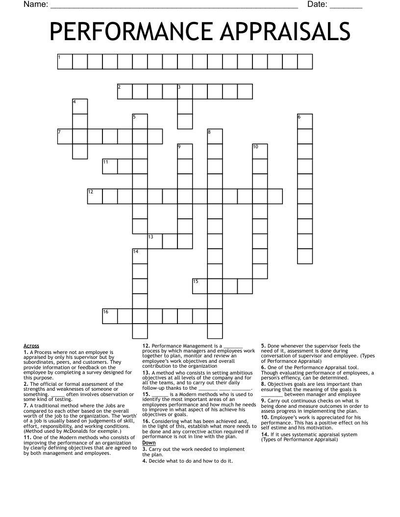 PERFORMANCE APPRAISALS Crossword WordMint PERFORMANCE APPRAISALS Crossword WordMint