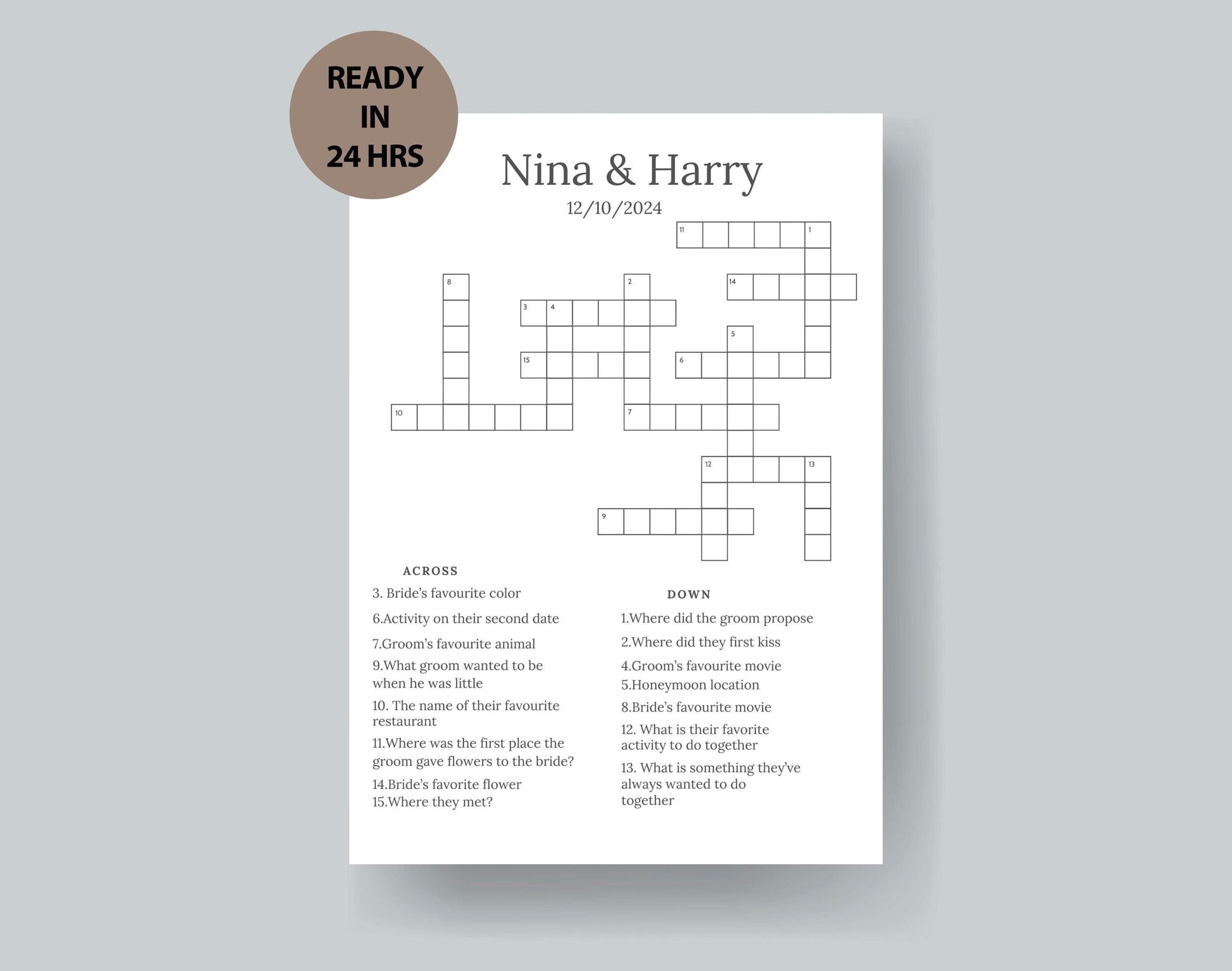 Personalized Wedding Crossword Puzzle Custom Wedding Activity 