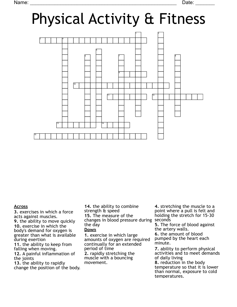 Physical Activity U0026 Fitness Crossword WordMint