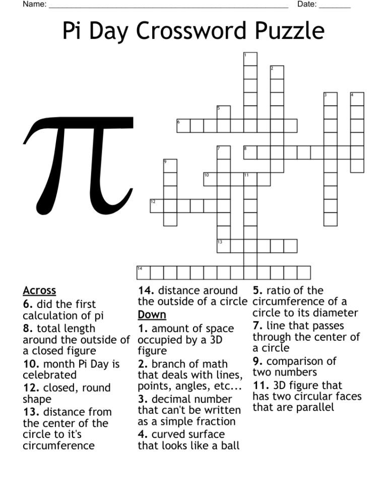 Pi Day Crossword Puzzle WordMint