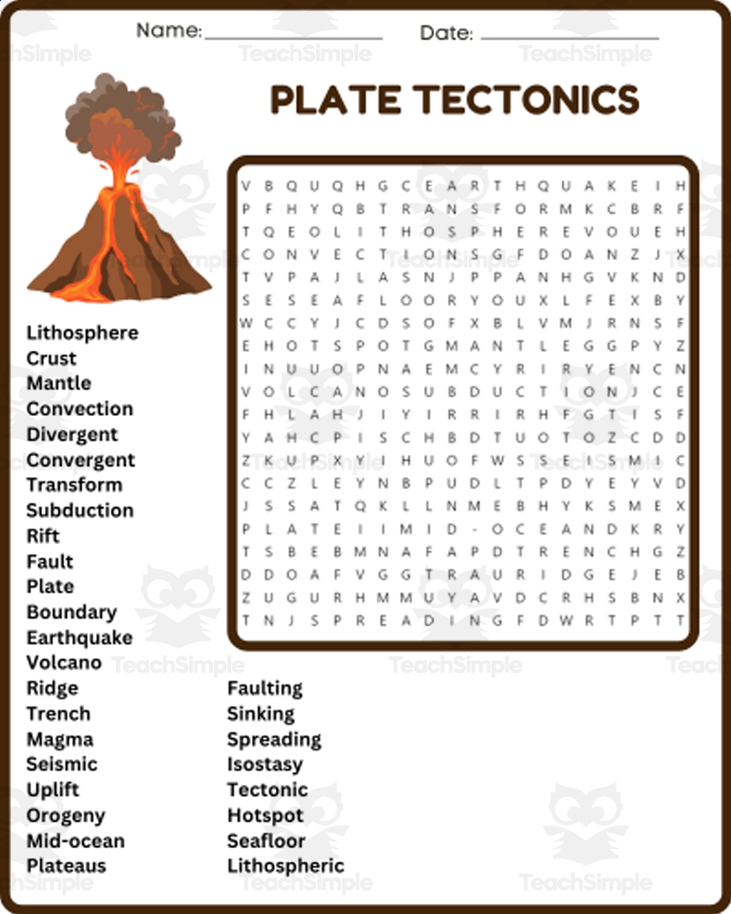 PLATE TECTONICS Word Search Puzzle Worksheet Activity 4th 5th 6th By Teach Simple