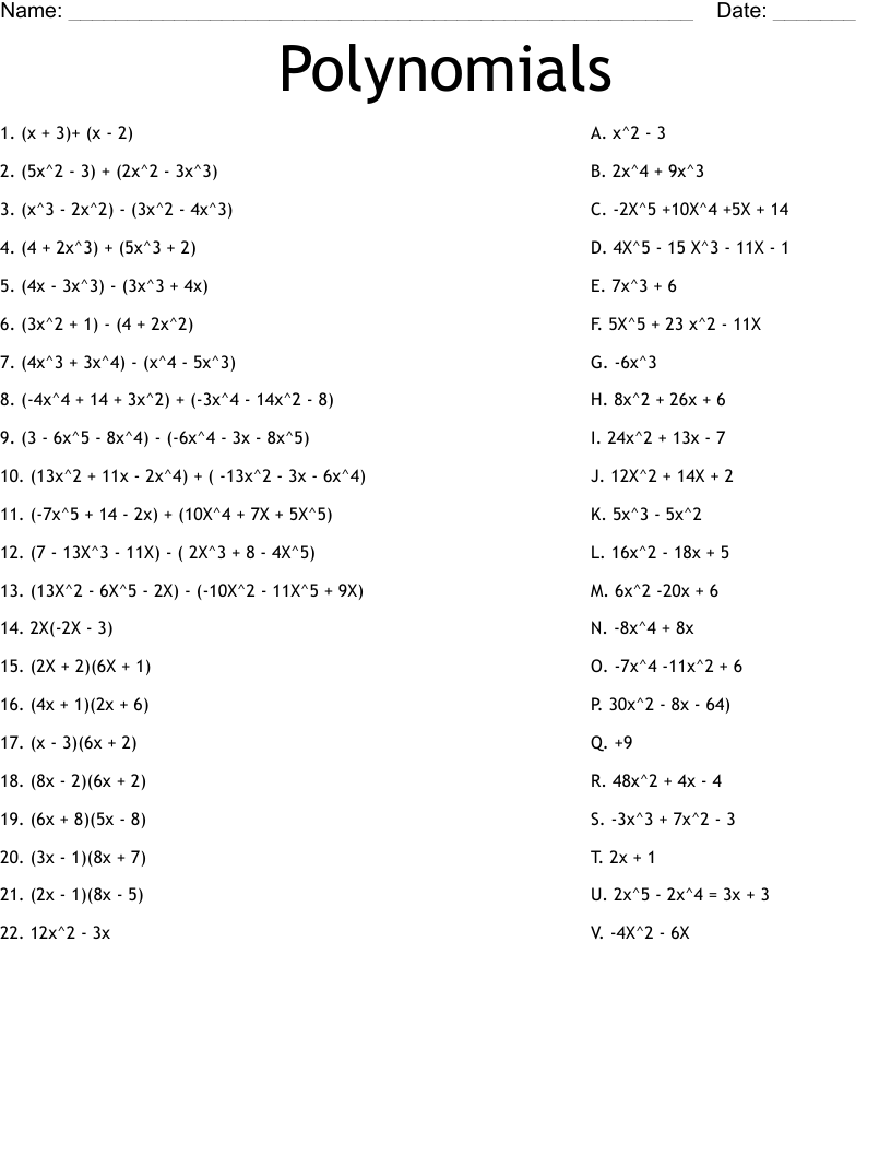 Polynomials Worksheet WordMint Polynomials Worksheet WordMint