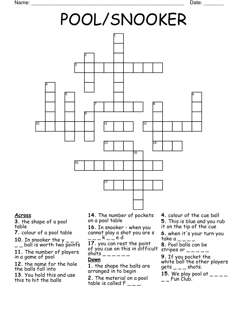 POOL SNOOKER Crossword WordMint