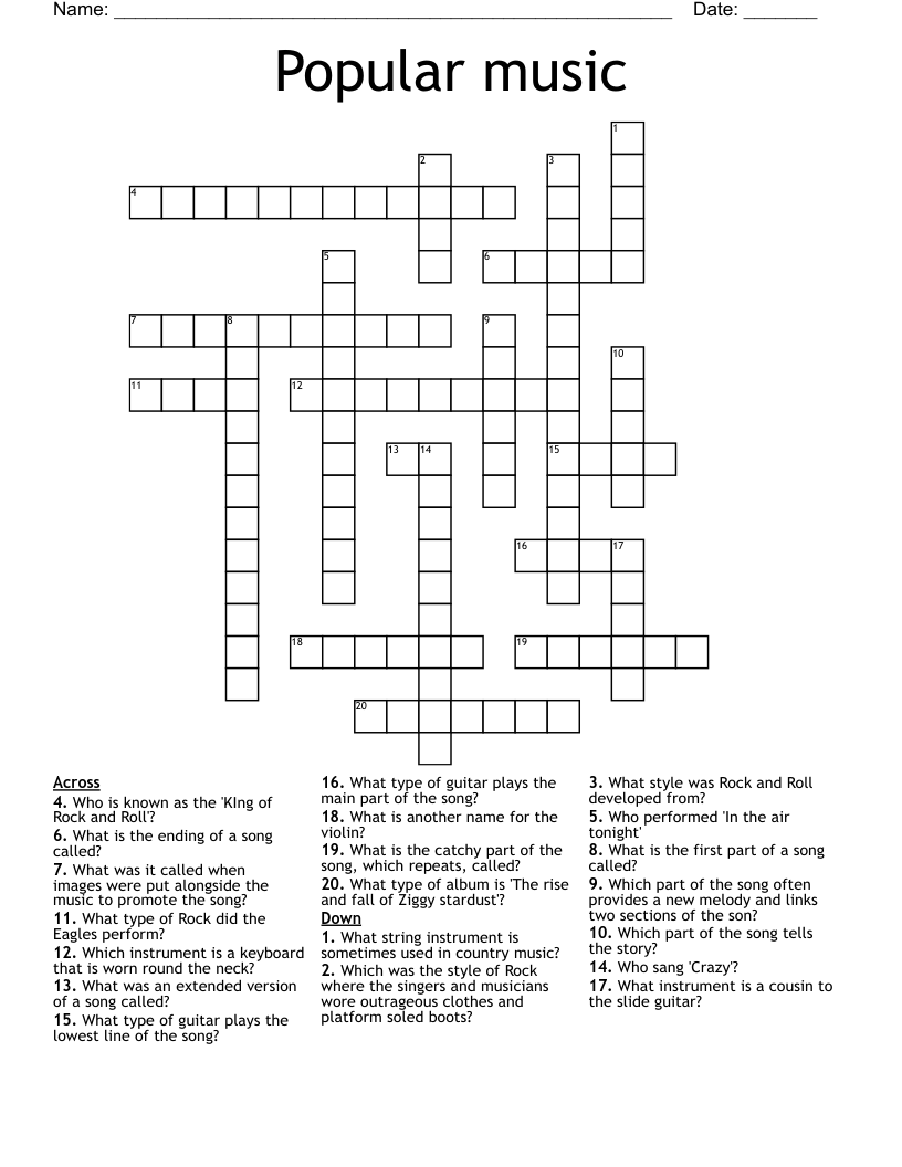Popular Music Crossword WordMint