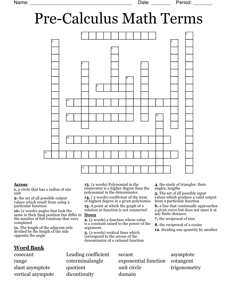 Pre Calculus Math Terms Crossword WordMint