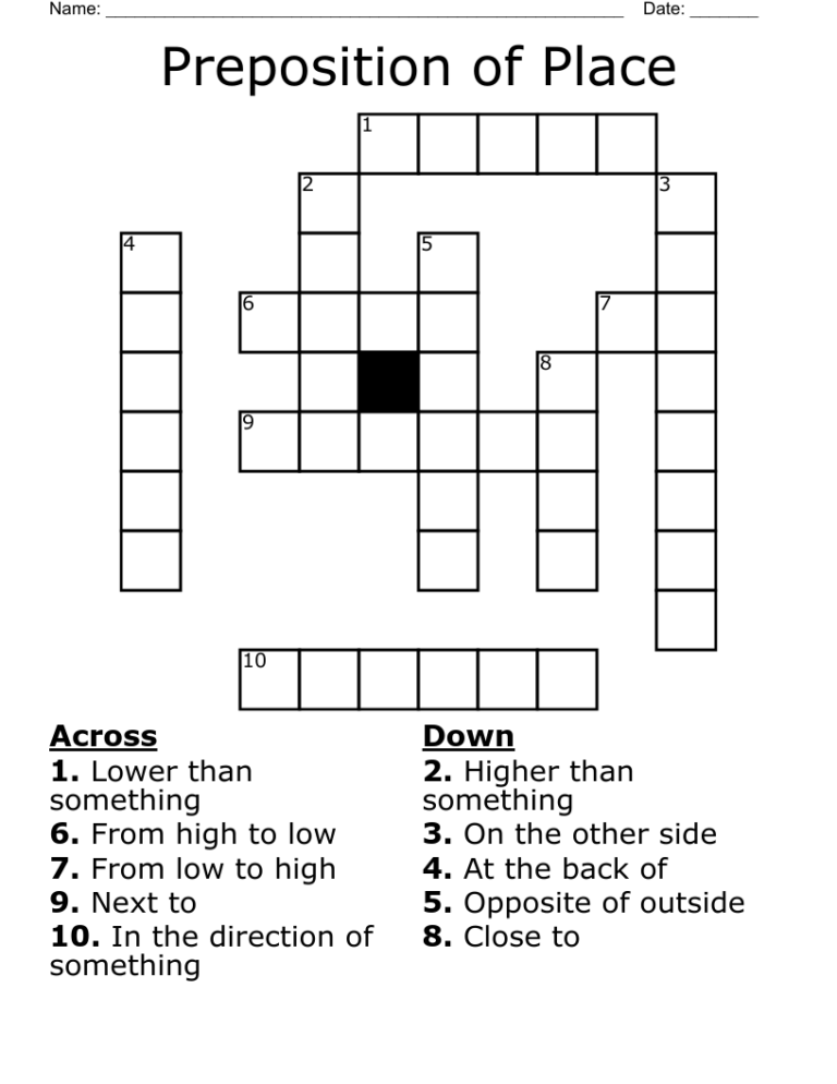 Preposition Of Place Crossword WordMint