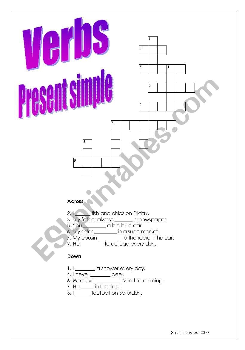 Simple Present Tense Crossword Puzzle Printable