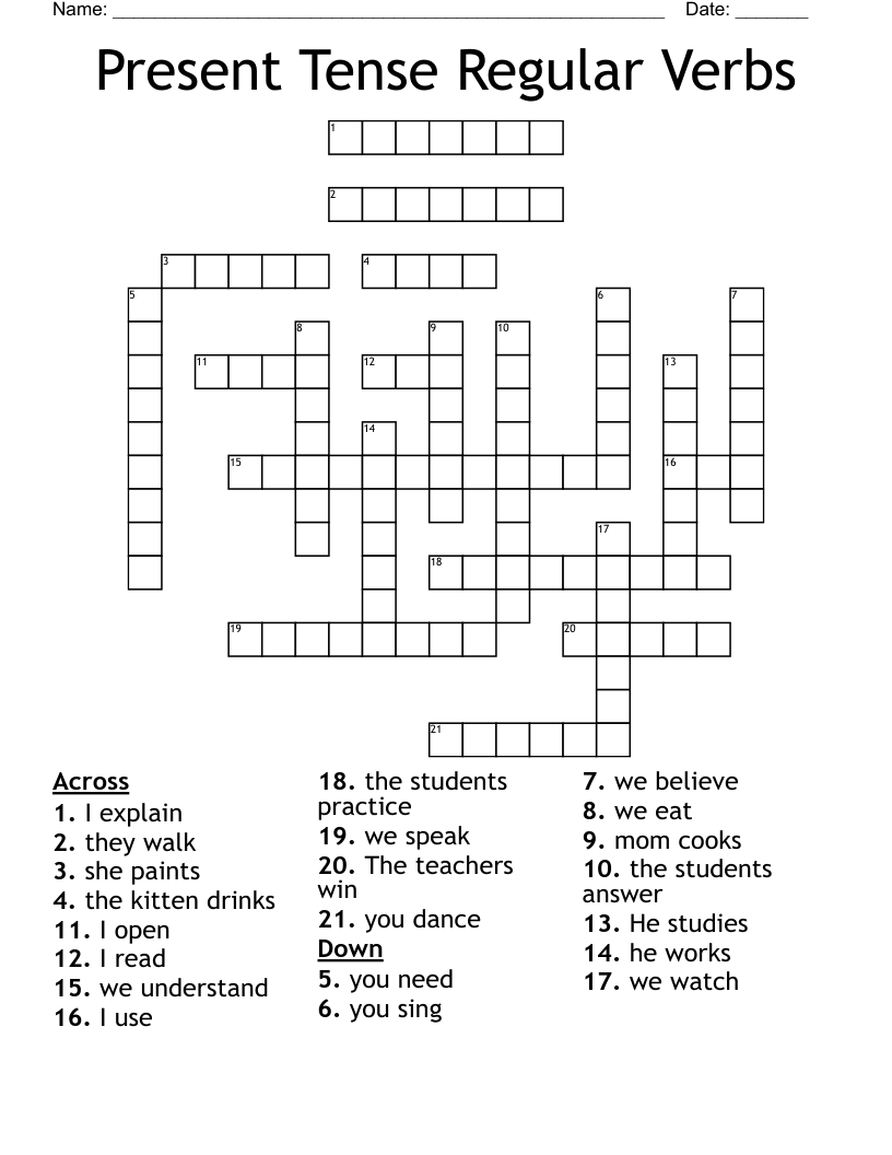 Present Tense Regular Verbs Crossword WordMint