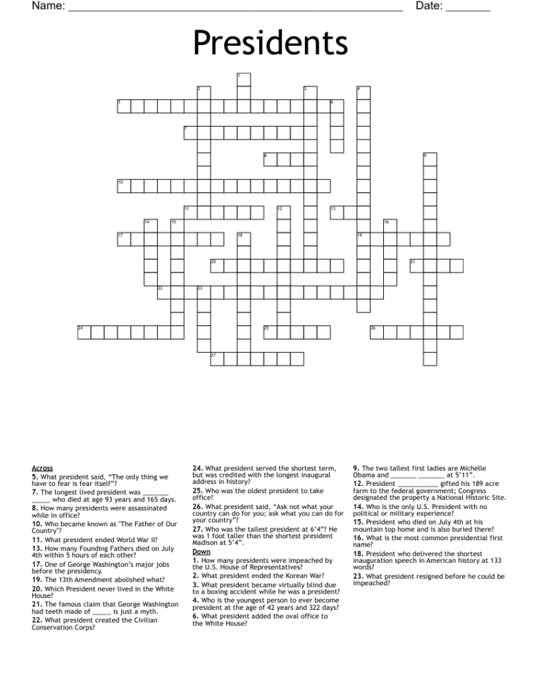 Presidents Crossword WordMint