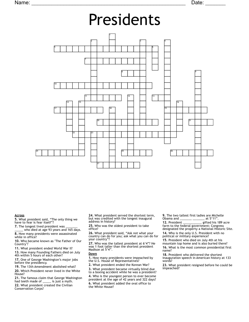 Presidents Crossword WordMint Presidents Crossword WordMint