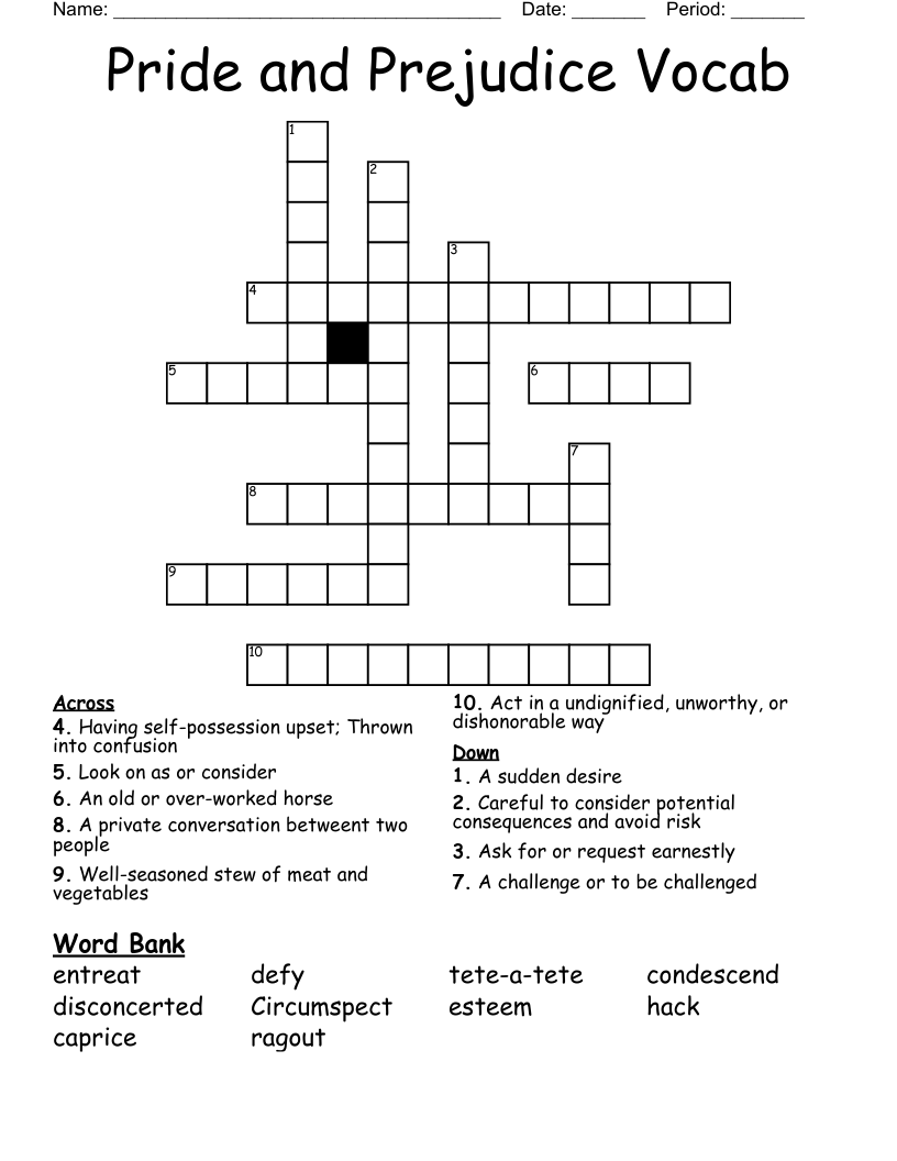 Pride And Prejudice Vocab Crossword WordMint