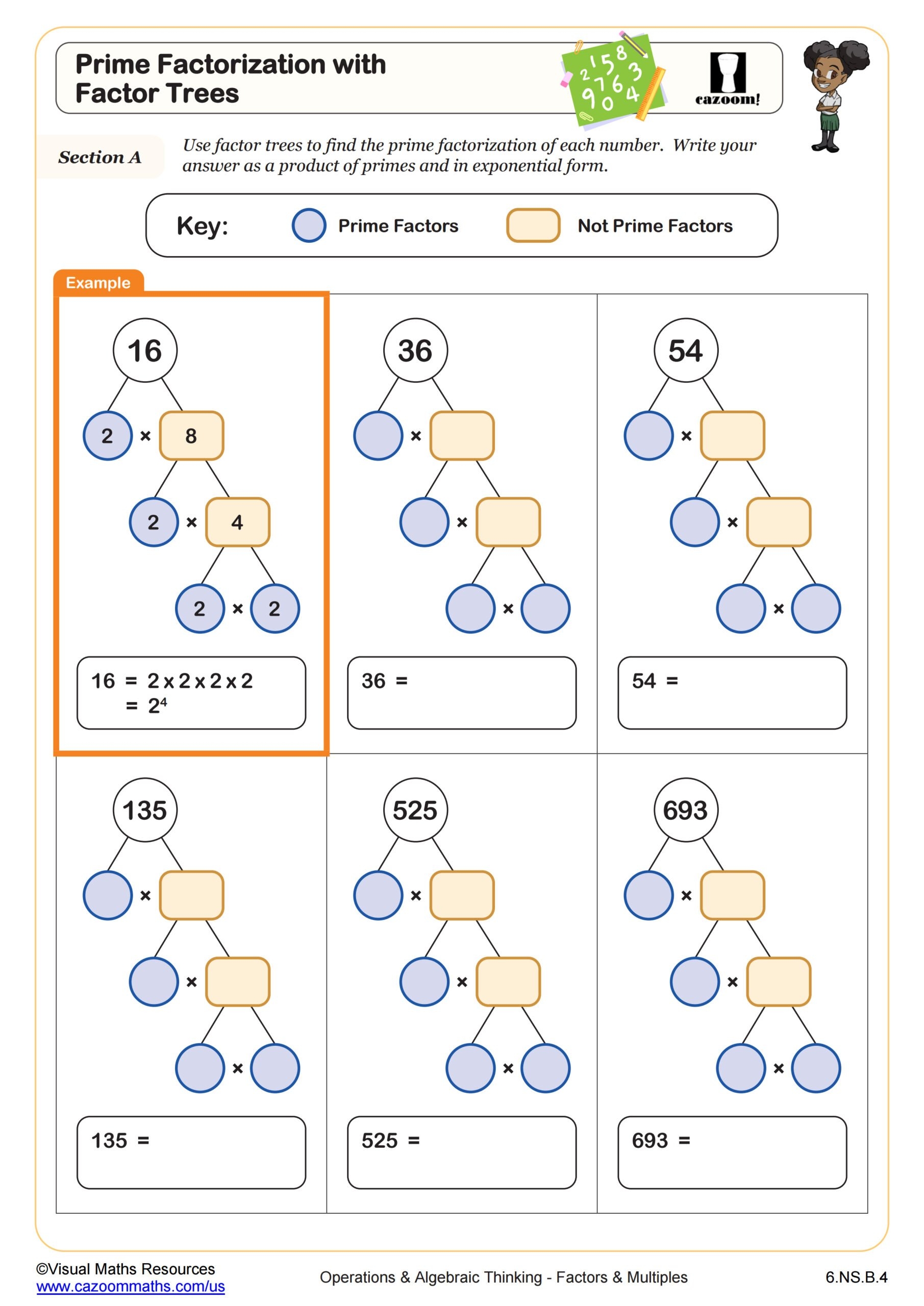 Prime Factorization With Factor Trees Worksheet 6th Grade PDF 