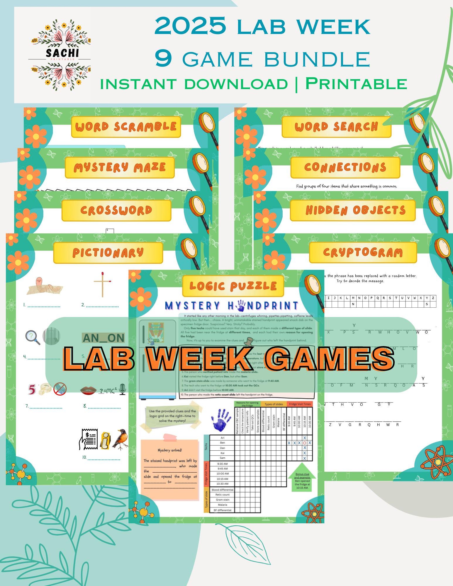 Printable 9 Lab Week Games Bundle 2025 Mystery Machine Of Diagnostics Lab Week Puzzles Lab Week Activities Etsy