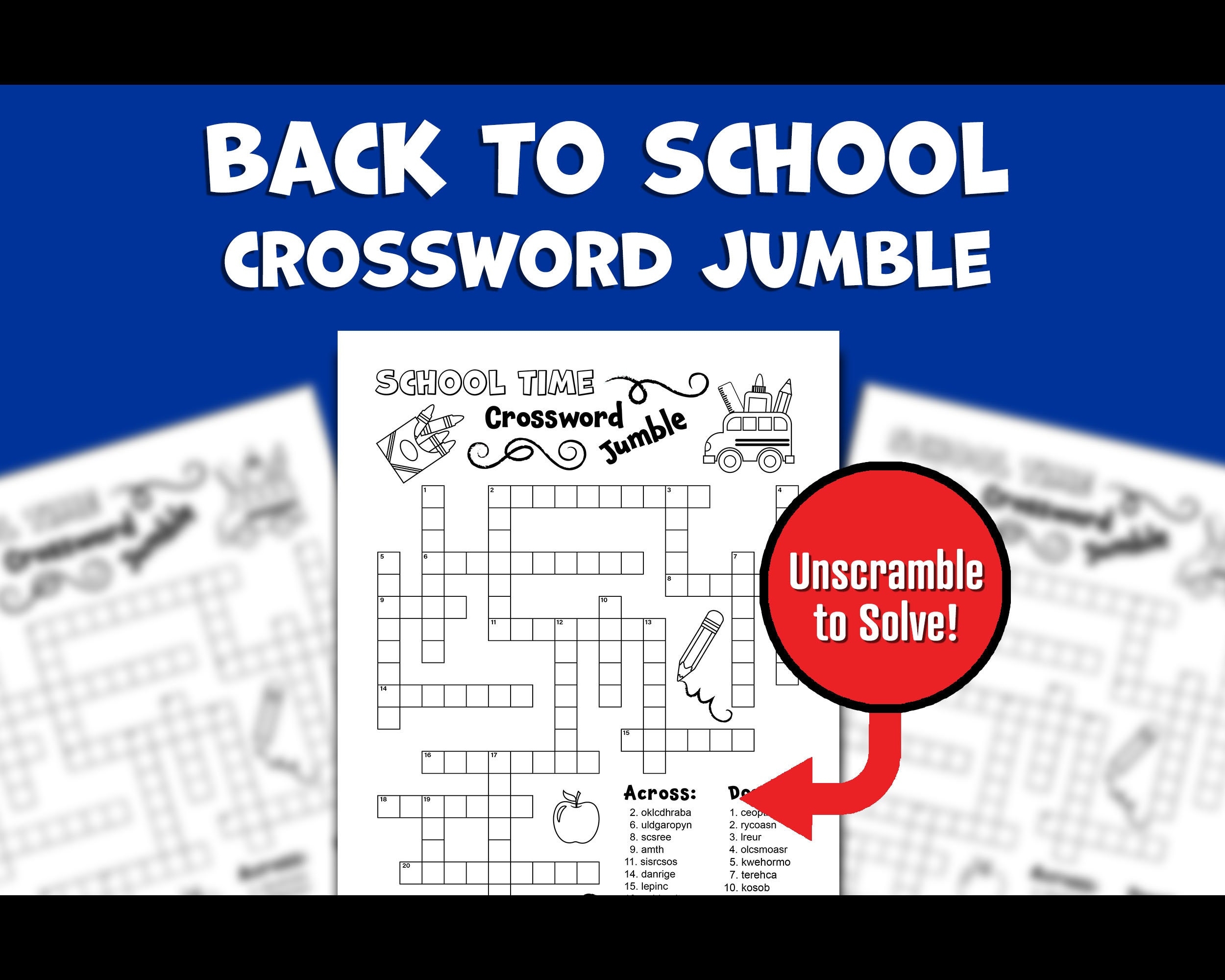 Printable Back To School Crossword Puzzle Fun First Day Of School Kids Educational Activity Summer Word Scramble Game Etsy