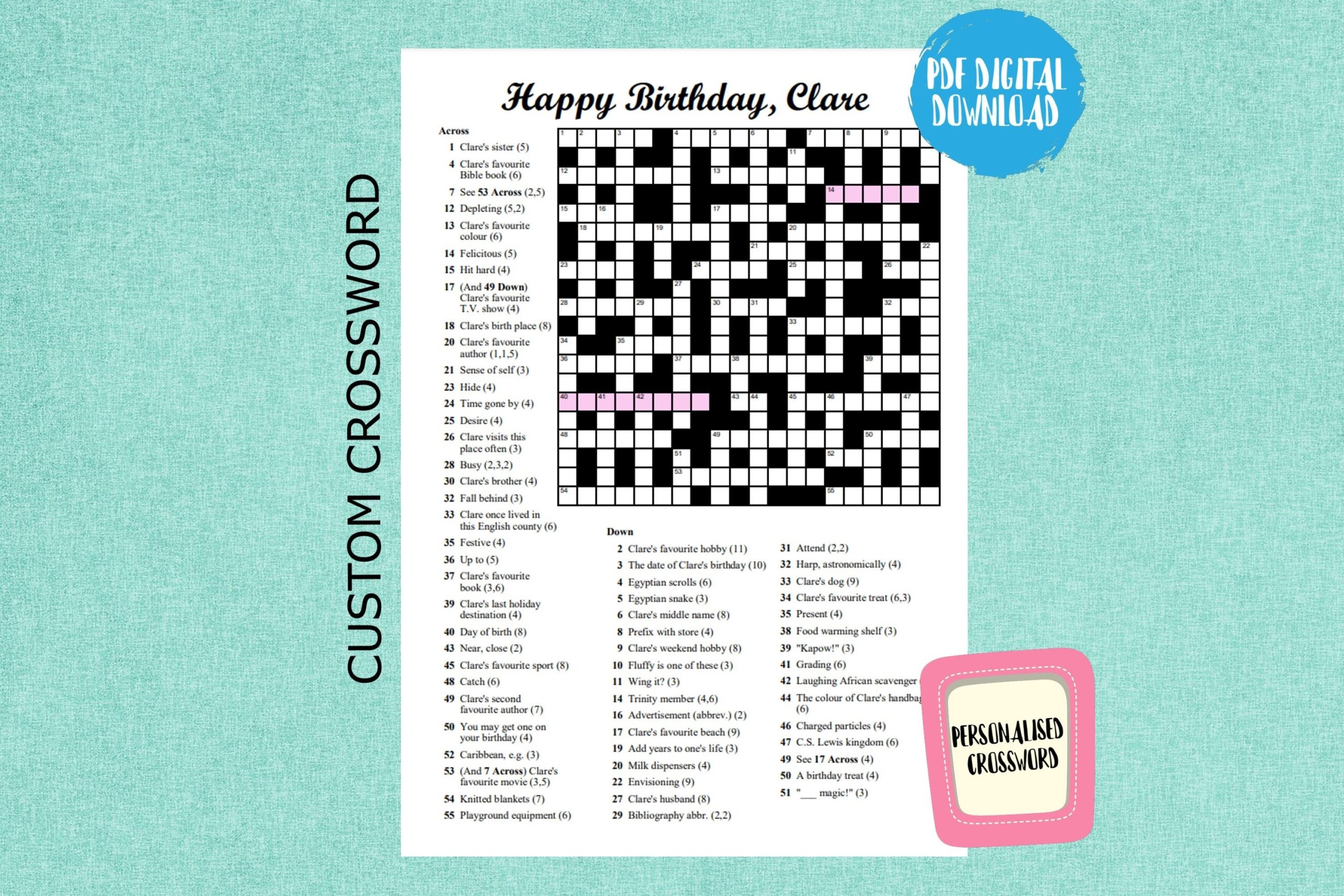 Printable CUSTOM CROSSWORD Puzzle Birthday Gift PDF Crossword Puzzles Activity Sheet Custom Puzzles Crossword Personalized Crossword Etsy