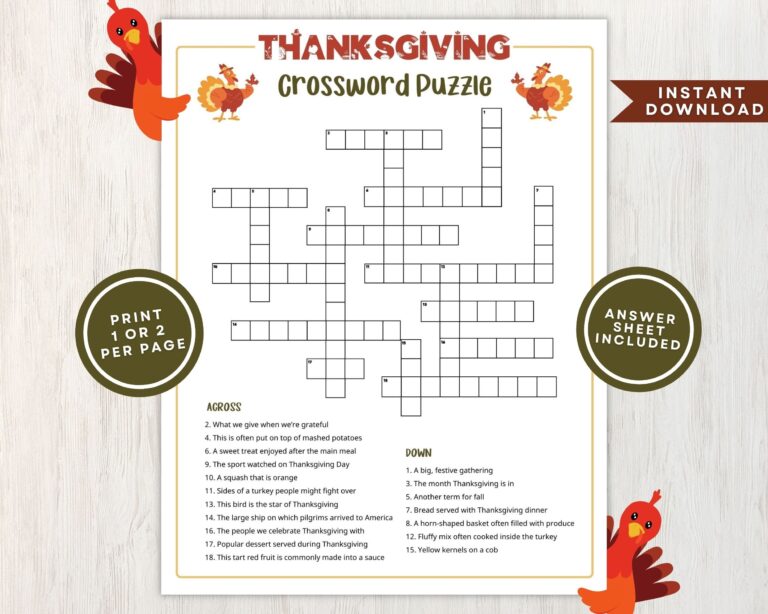 Printable Thanksgiving Crossword Puzzle For Kids And Adults Crossword Game For Thanksgiving Gatherings And Classrooms Instant Download Etsy