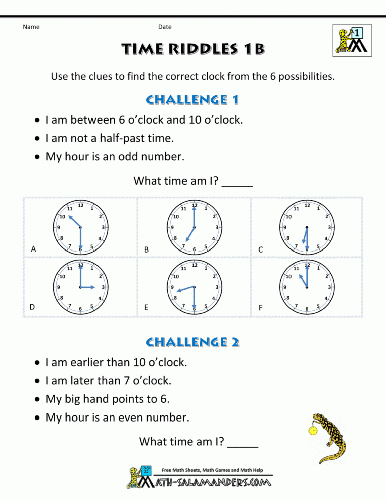 Printable Time Worksheets Time Riddles easier