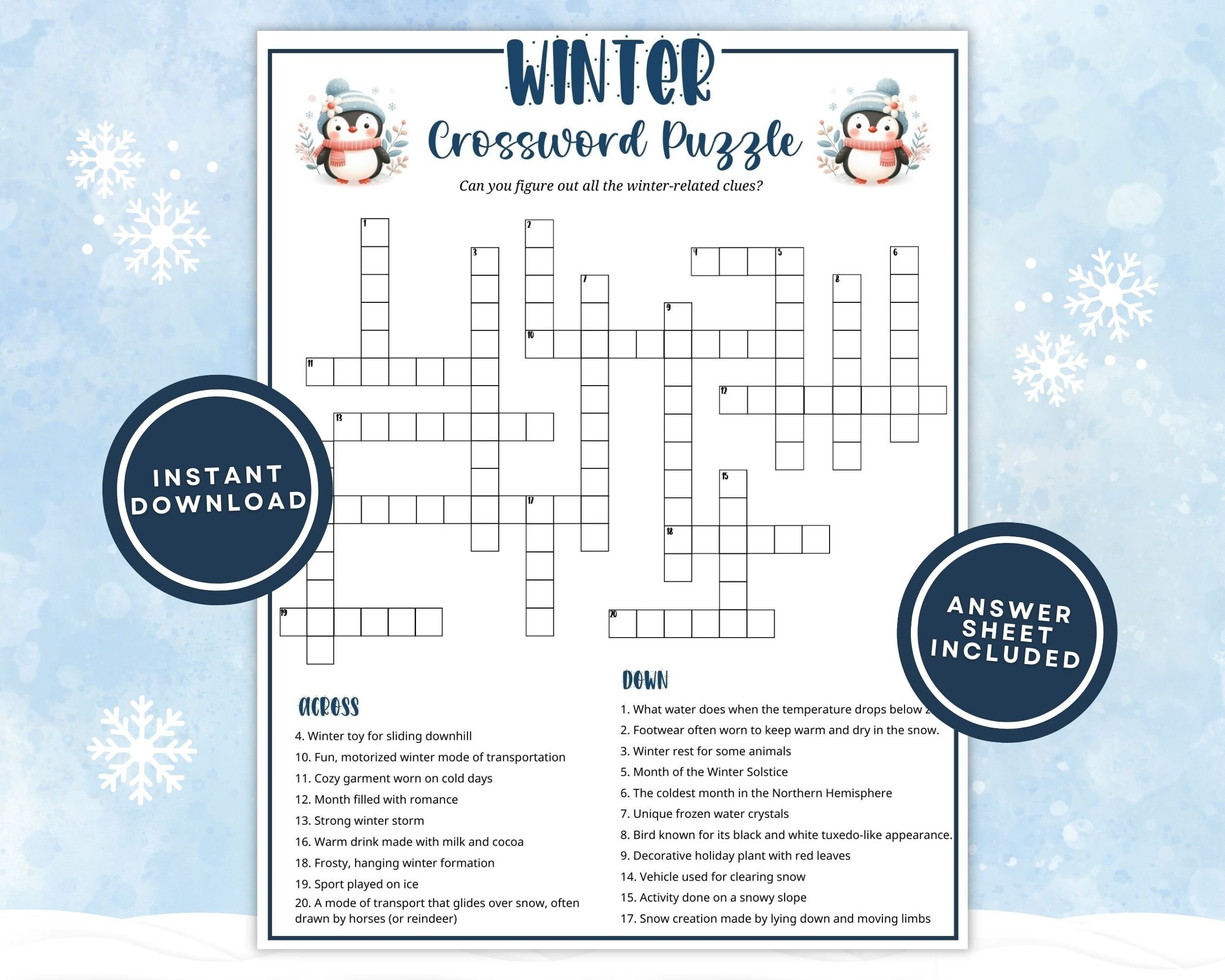 Printable Winter Crossword Puzzle For Kids And Adults Fun Winter Word Game For Family Game Night Or Classroom Activities Instant Download Etsy