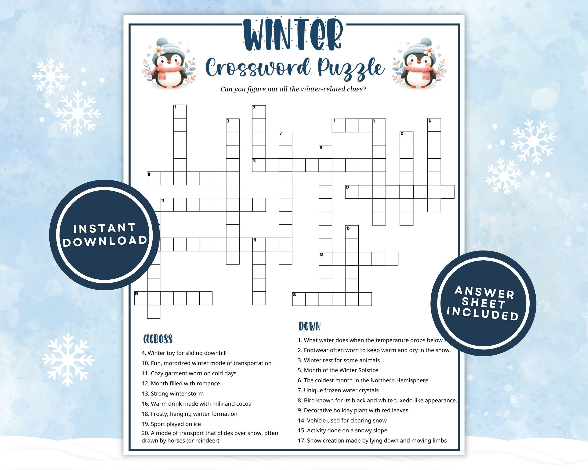 Printable Winter Crossword Puzzle For Kids And Adults Fun Winter Printable Winter Crossword Puzzle For Kids And Adults Fun Winter