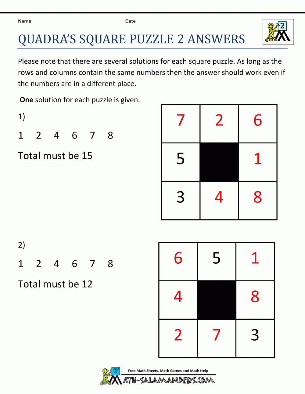 Quadra s Square Puzzle 2 Answers
