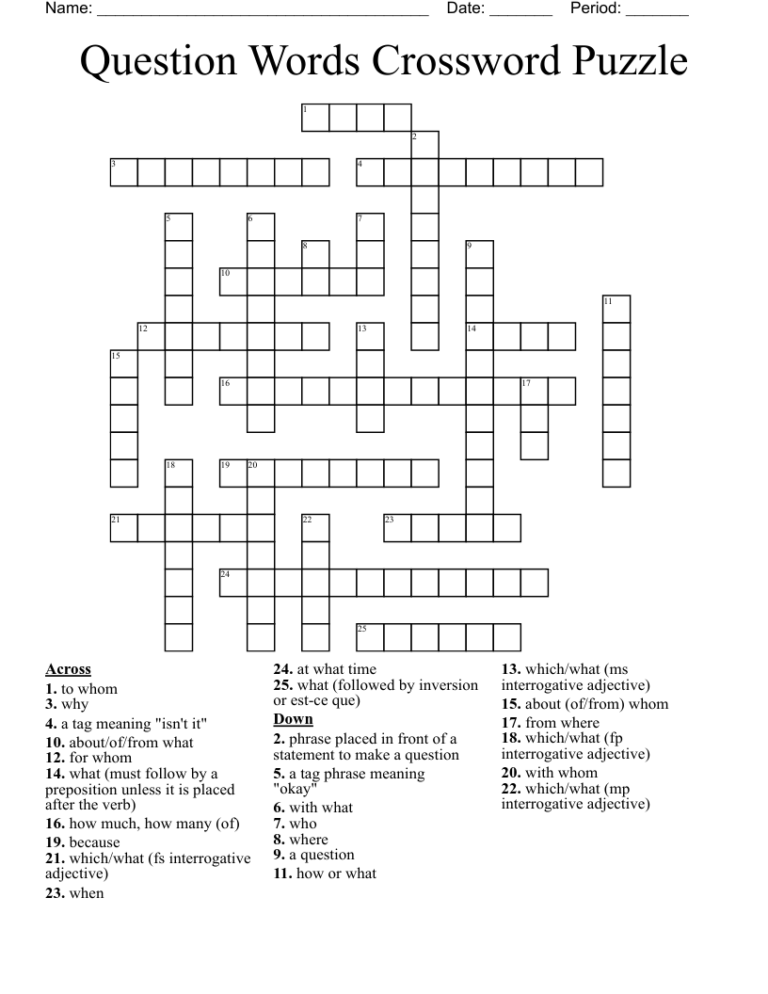 Question Words Crossword Puzzle WordMint