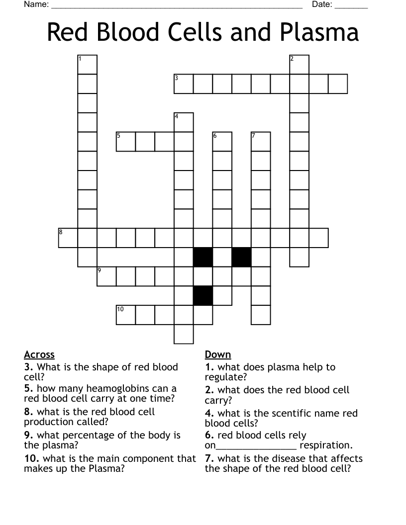 Red Blood Cells And Plasma Crossword WordMint