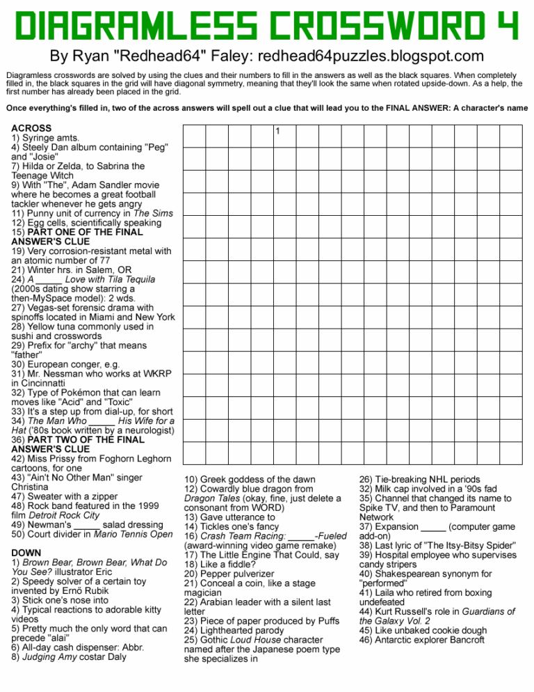 Redhead64s Obscure Puzzle Blog PUZZLE 282 Diagramless Crossword 4 Worksheets Library