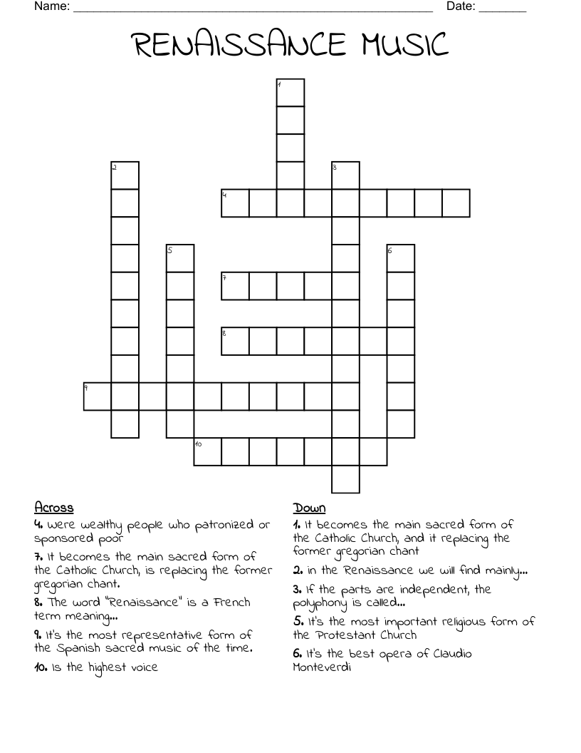RENAISSANCE MUSIC Crossword WordMint