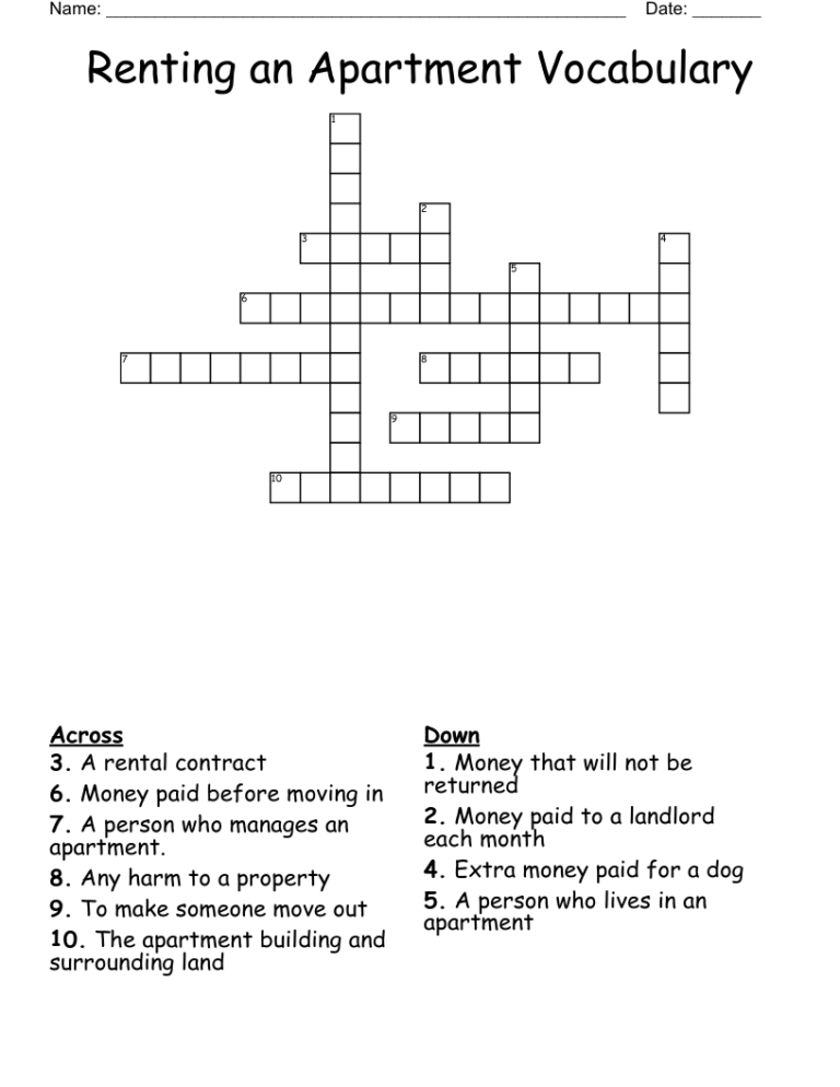 Renting An Apartment Vocabulary Crossword WordMint