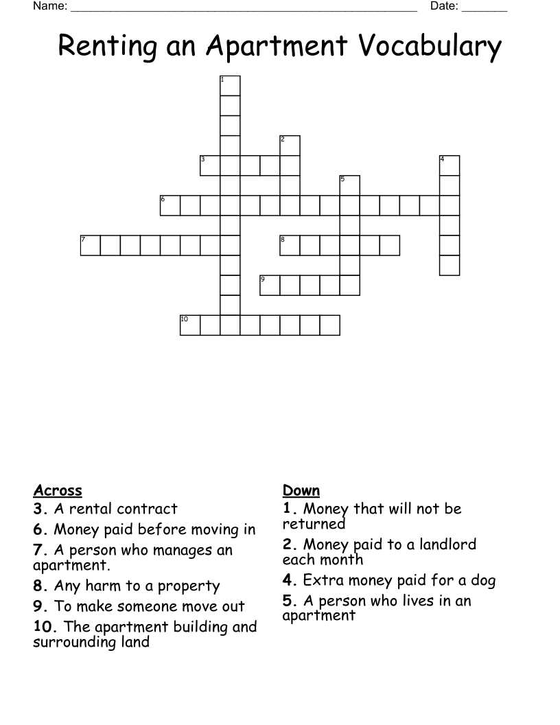 Renting An Apartment Vocabulary Crossword WordMint