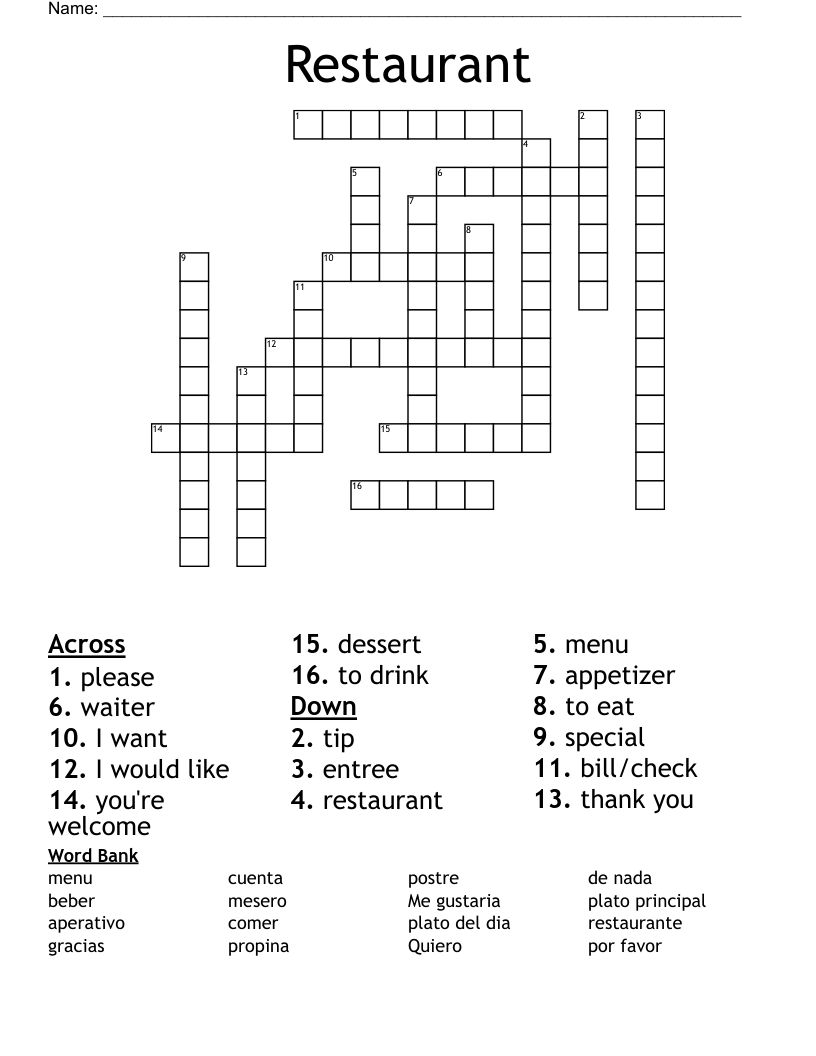 Restaurant Crossword WordMint