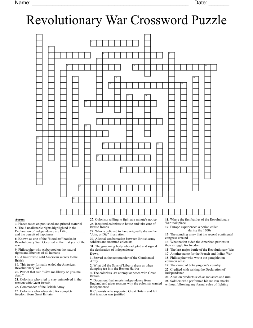 Revolutionary War Crossword Puzzle WordMint Revolutionary War Crossword Puzzle WordMint