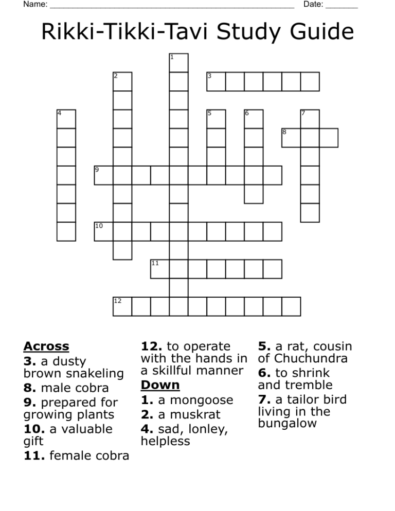 Rikki Tikki Tavi Crossword Puzzle WordMint