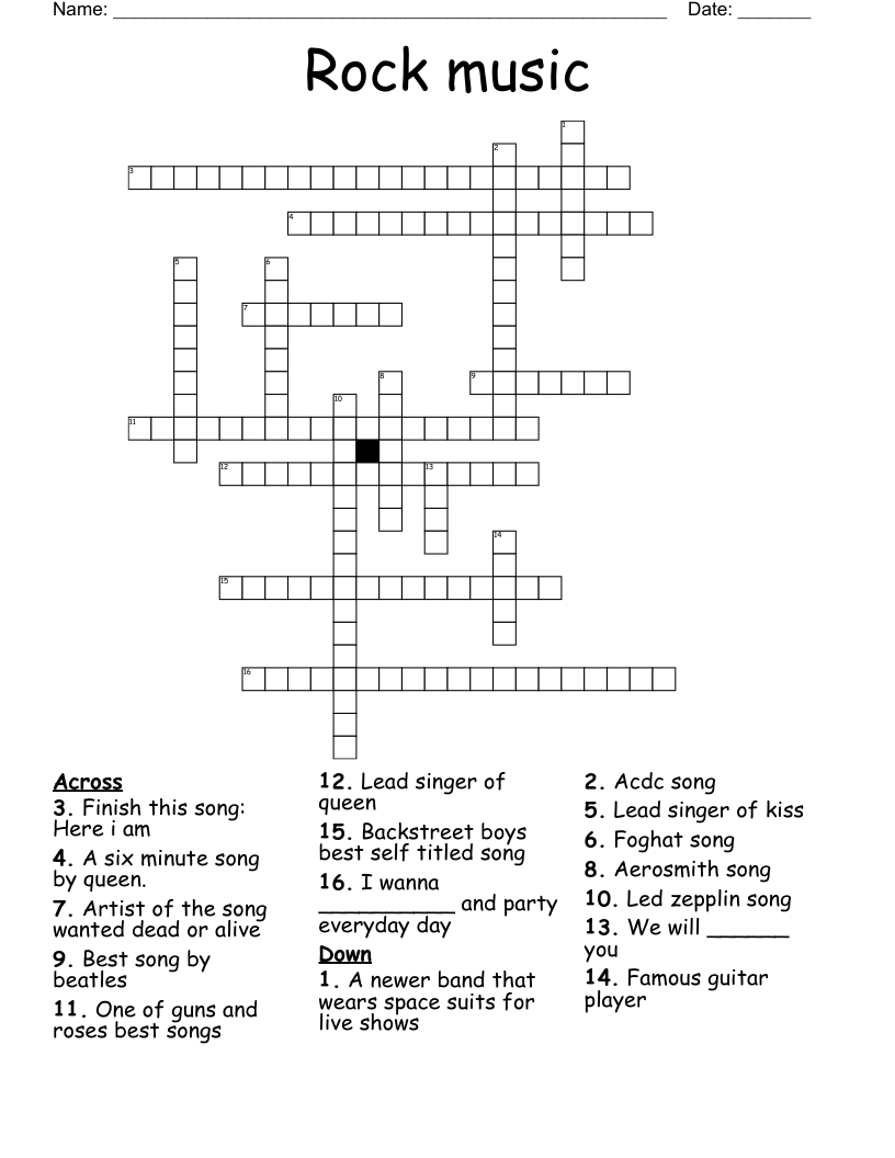 Rock Music Crossword WordMint