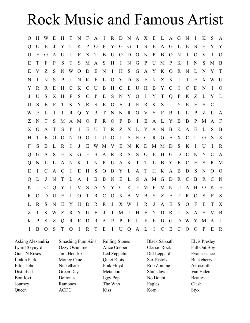 Rock Music Crosswords Word Searches Bingo Cards WordMint