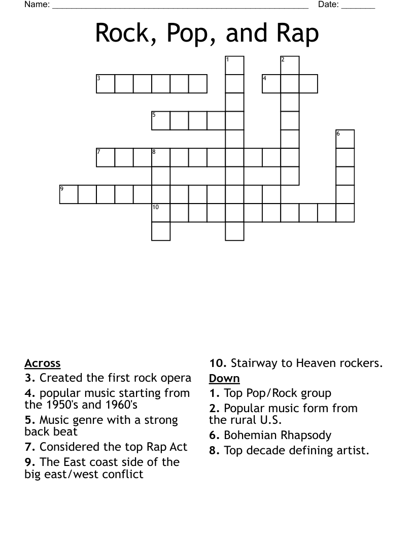 Rock Pop And Rap Crossword WordMint