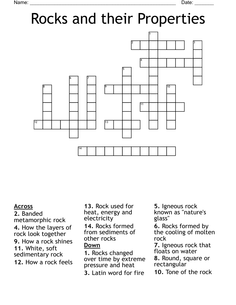 Rocks And Their Properties Crossword WordMint Rocks And Their Properties Crossword WordMint