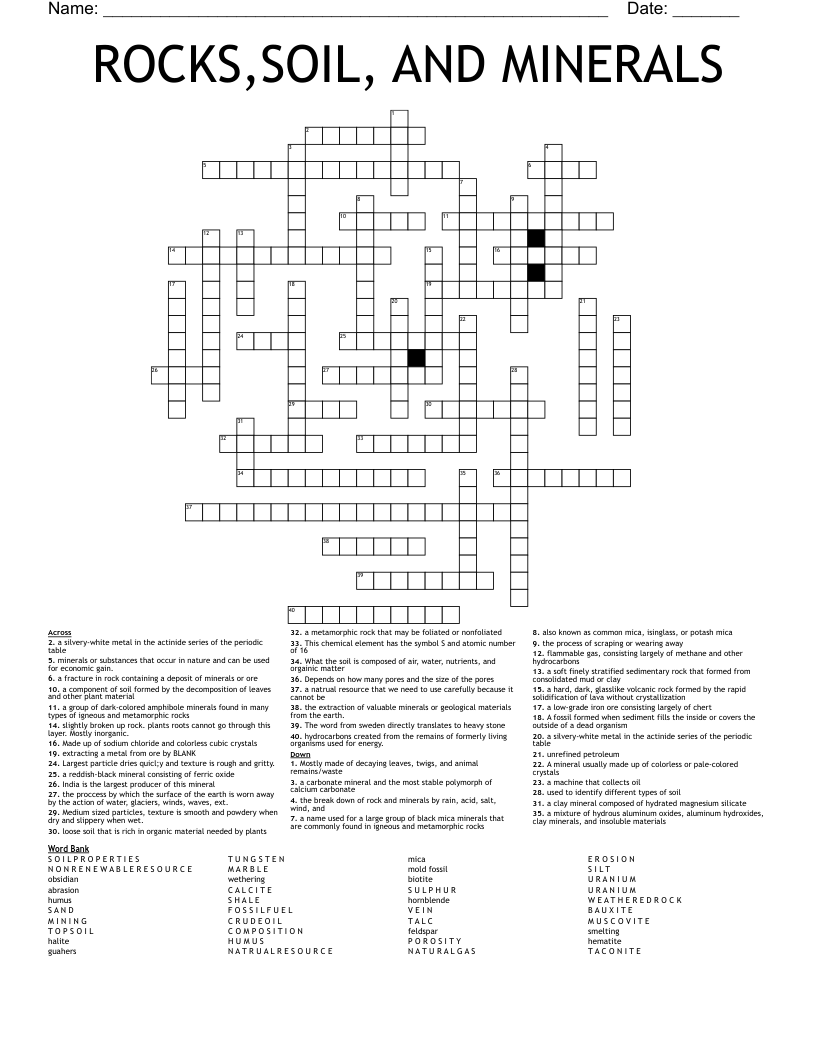 ROCKS SOIL AND MINERALS Crossword WordMint