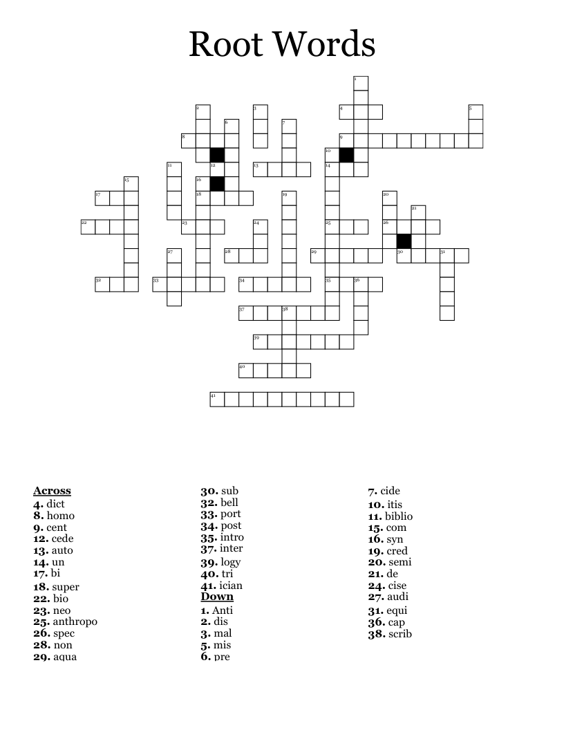 Root Words Crossword Puzzle Worksheets