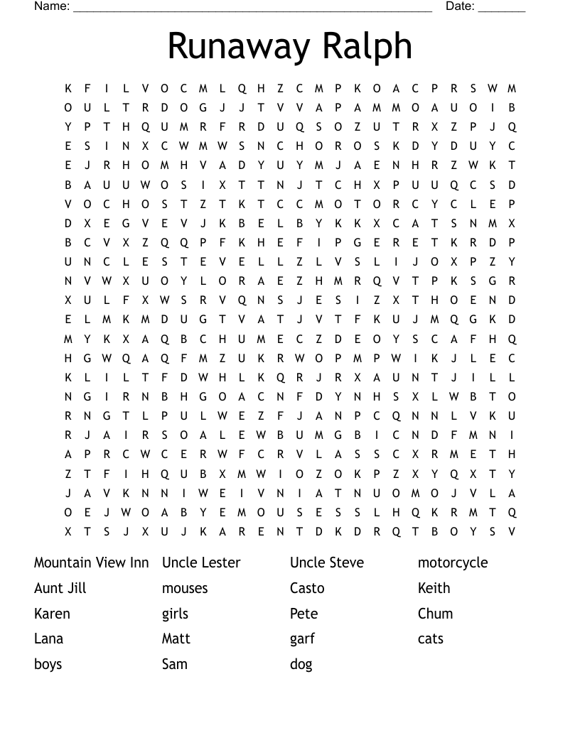Runaway Ralph Word Search WordMint