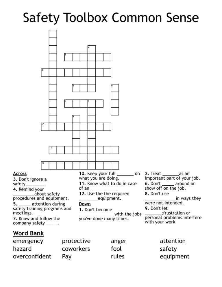 Safety Toolbox Common Sense Crossword WordMint