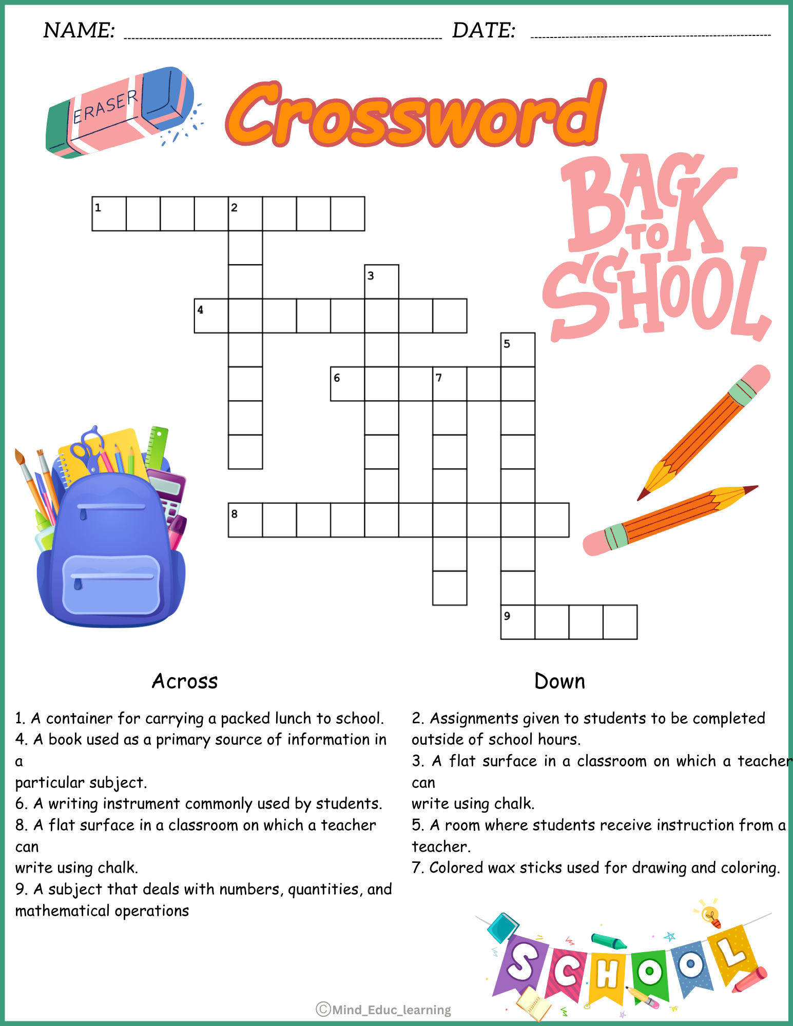 Back To School Crossword Puzzle Printable Back To School Crossword Puzzle Printable