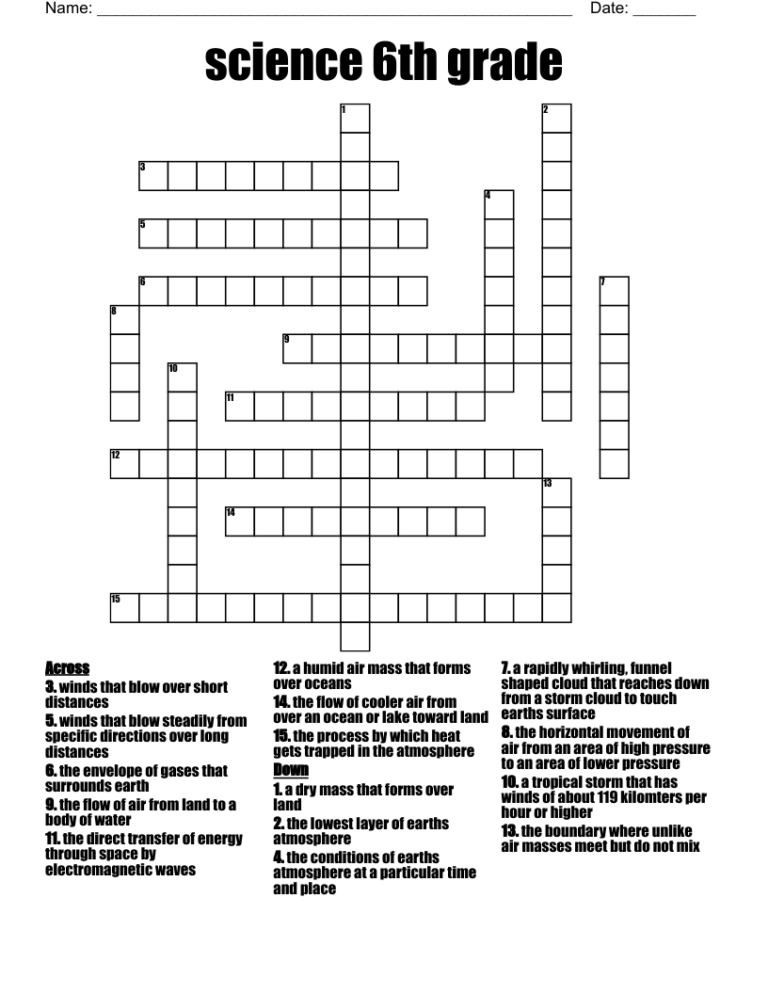 Science 6th Grade Crossword WordMint