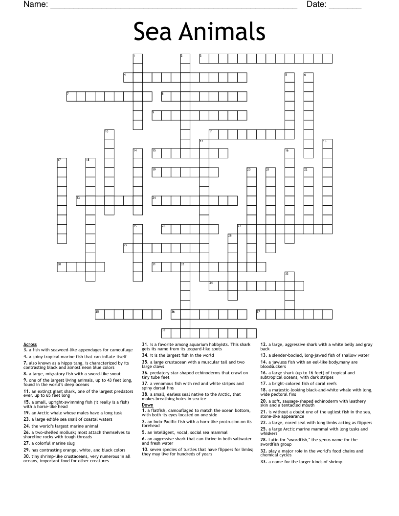 Sea Animals Crossword WordMint Sea Animals Crossword WordMint